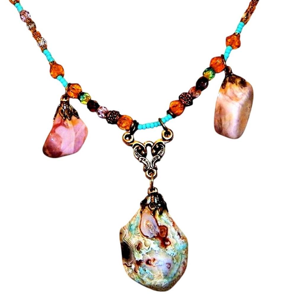 22" Artisan BoHo Free Spirited Crazy Lace Agate Necklace